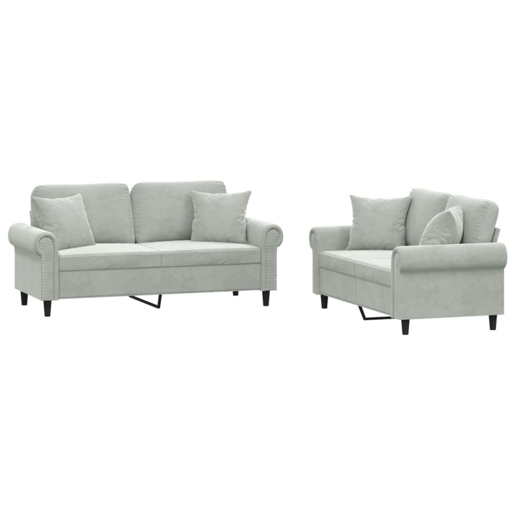 Light Gray Velvet 2 Piece Sofa Set with Throw Pillows W18042