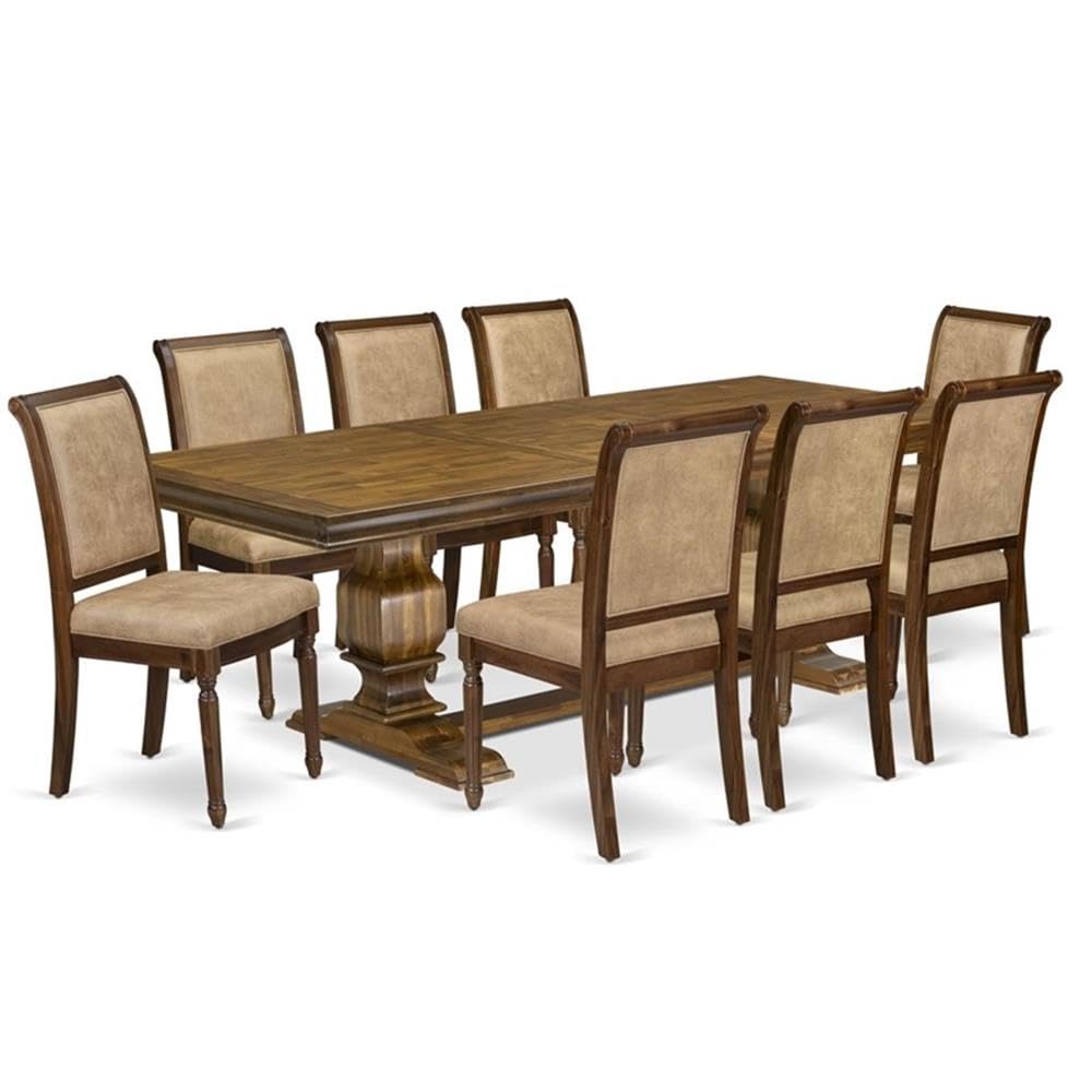 9-Piece Acacia Wood Dining Table Set with Beige PU Leather Chairs U66284