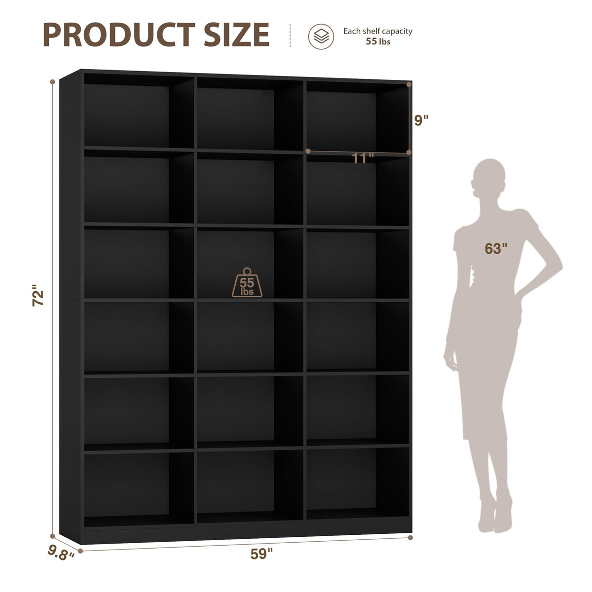 59" W Triple Wide Black Bookshelf and Bookcase D92837