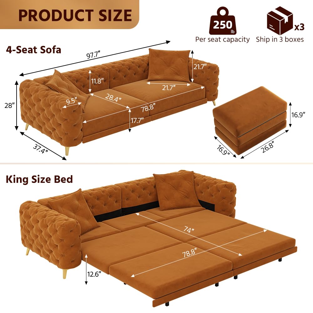 Orange Velvet Convertible Sleeper Sofa with Ottoman P1716