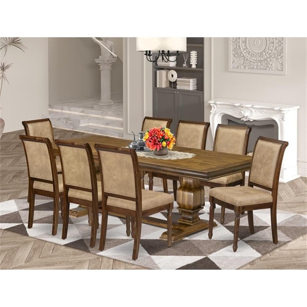 9-Piece Acacia Wood Dining Table Set with Beige PU Leather Chairs U66284
