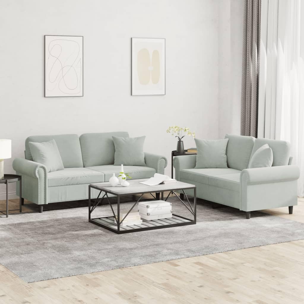 Light Gray Velvet 2 Piece Sofa Set with Throw Pillows W18042