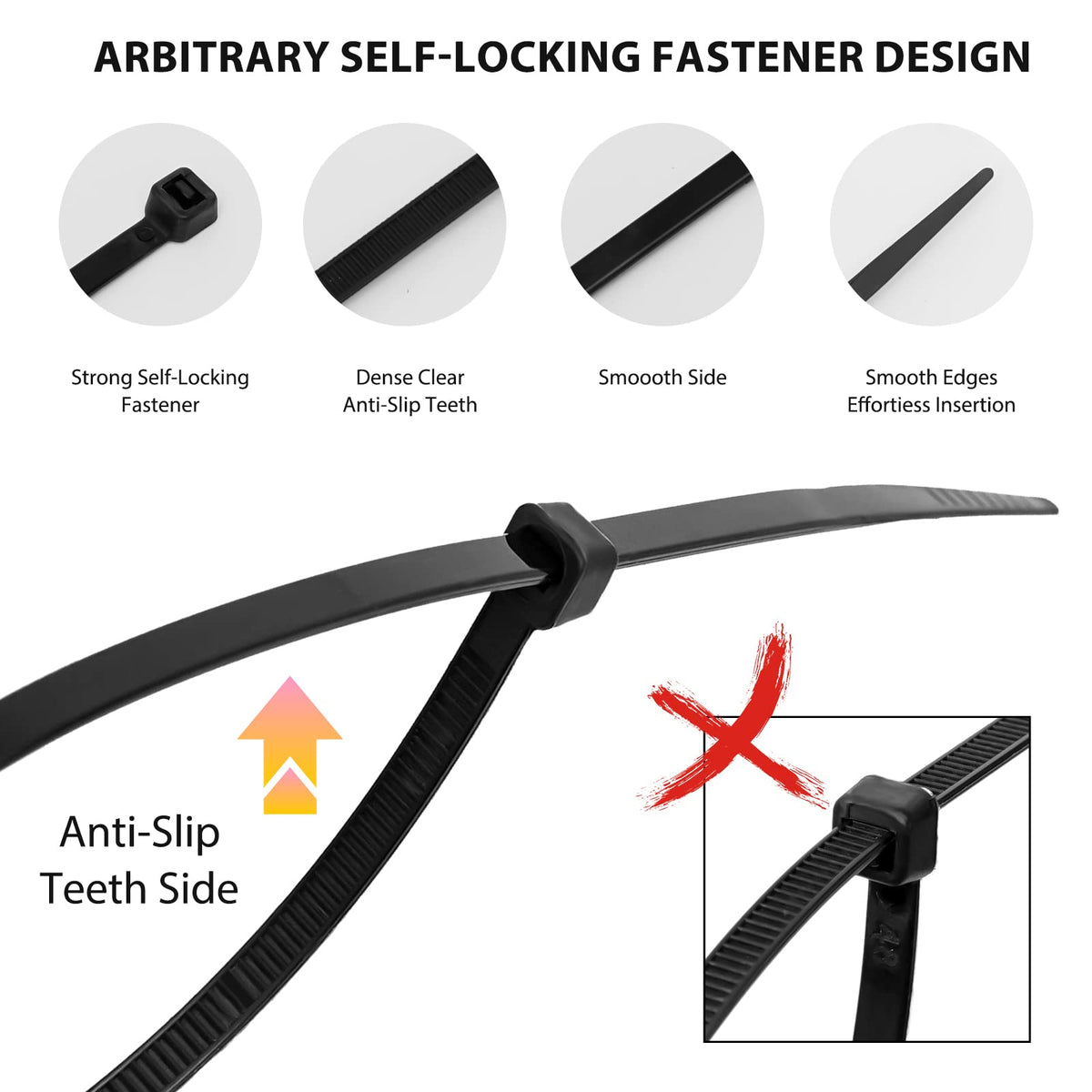 Black Assorted Sizes Nylon Cable Zip Ties 400 Pack Q445007