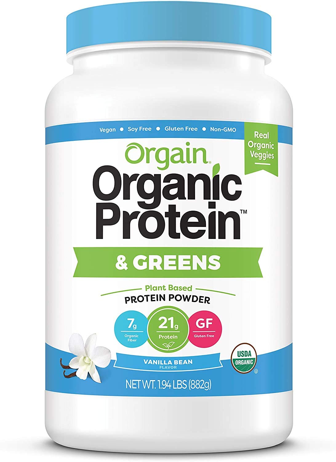 Organic Vegan Protein Powder + Greens, Vanilla Bean, 21g Plant Based Protein, 1.94lb O6150