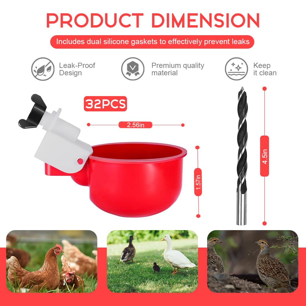 32 Pack Automatic Poultry Waterer Cups with Mounting Hole Opener M460339