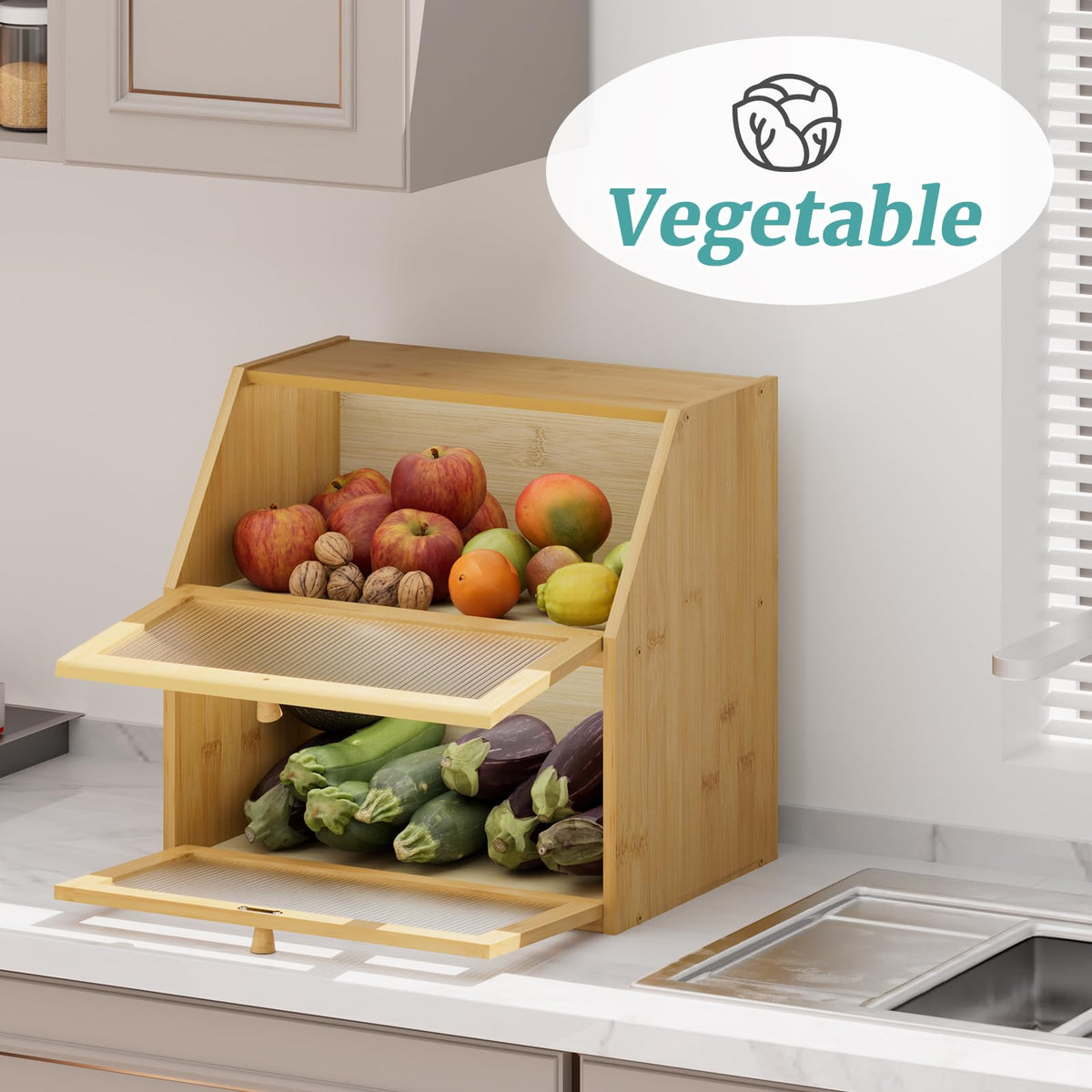 Extra Large Bamboo Wood Double Layer Bread Box Y676301