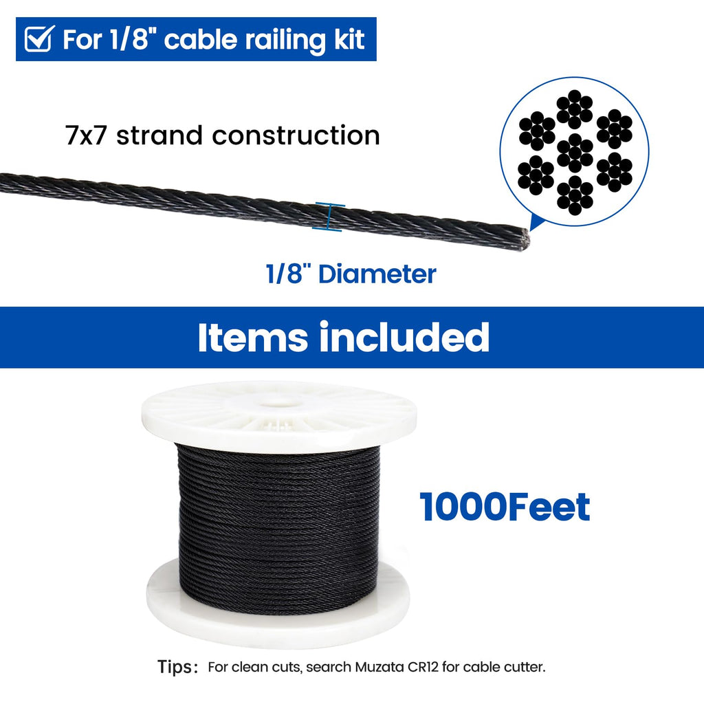 1/8" Black T316 Stainless Steel Cable Railing Wire Rope N7686