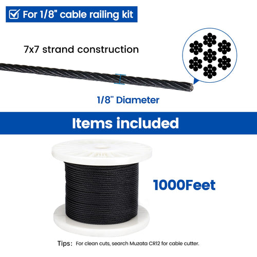 1/8" Black T316 Stainless Steel Cable Railing Wire Rope N7686