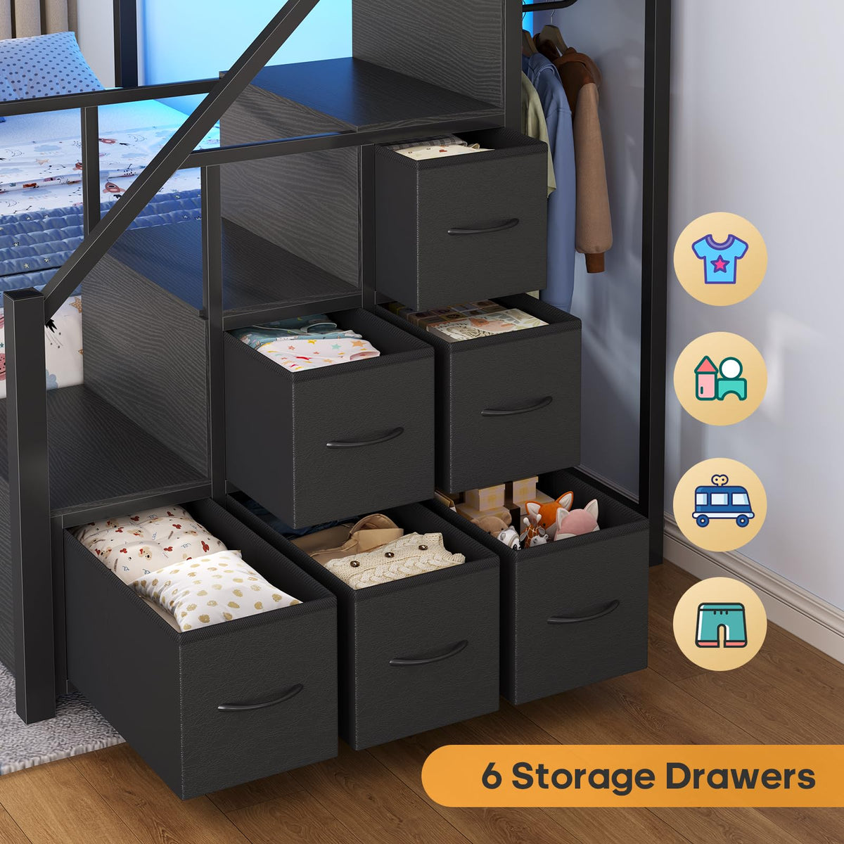 Twin Over Twin Bunk Bed with Trundle, Stairs, 6 Drawers, LED Lights R502591