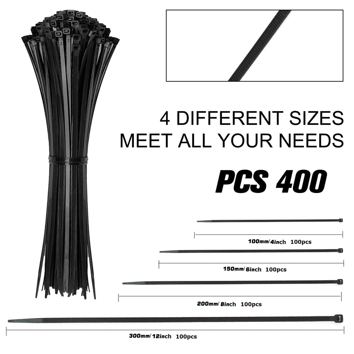 Black Assorted Sizes Nylon Cable Zip Ties 400 Pack Q445007
