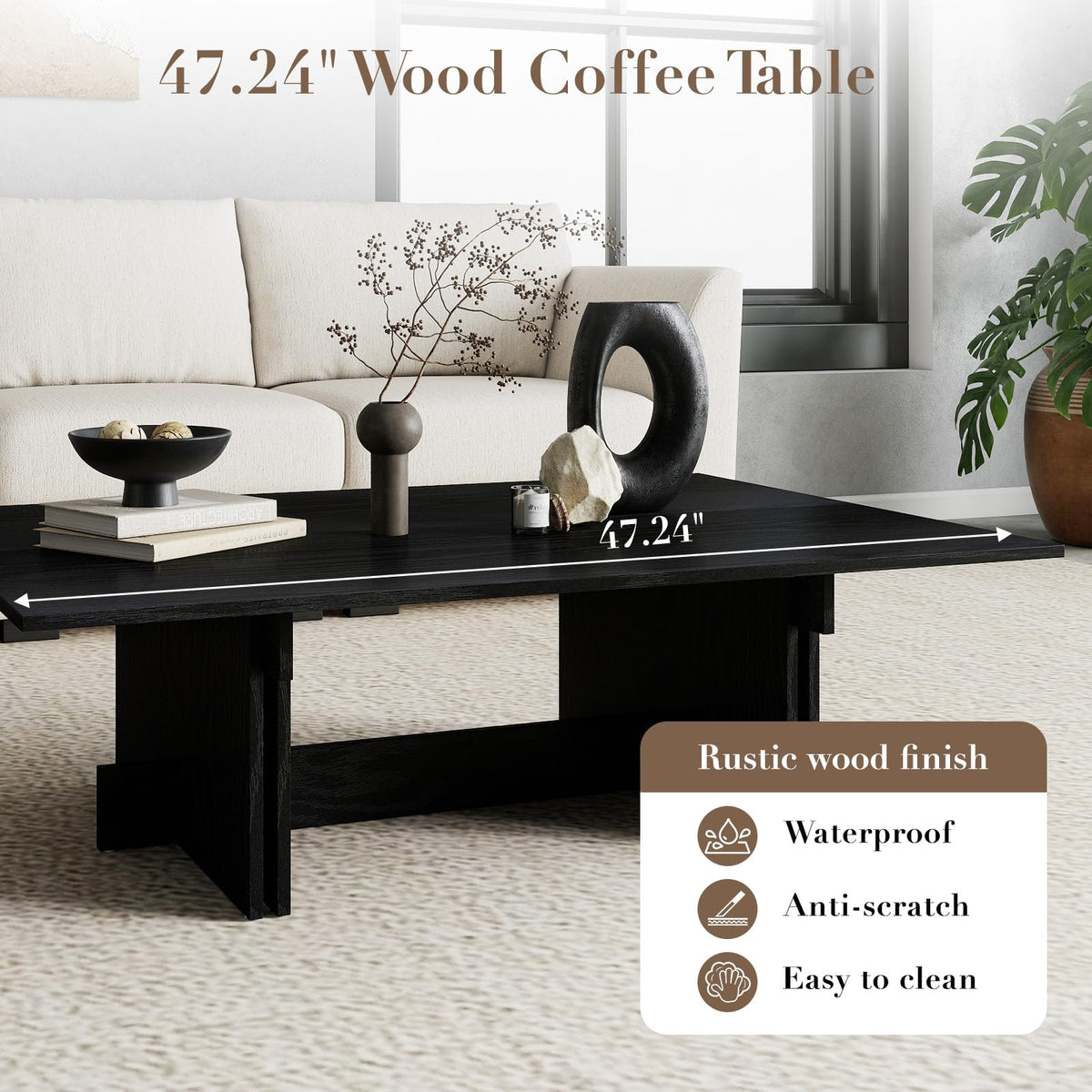 48" Rustic Wood Coffee Table with Geometric Base N420