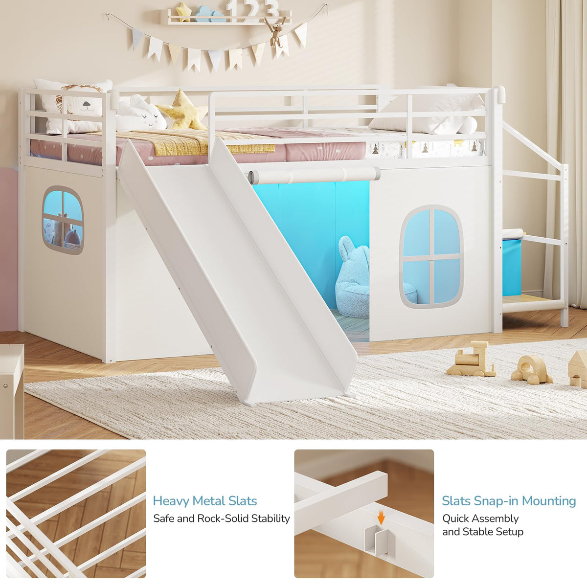 White Twin Low Loft Bed with Slide Staircase Storage Drawers Desk F859309