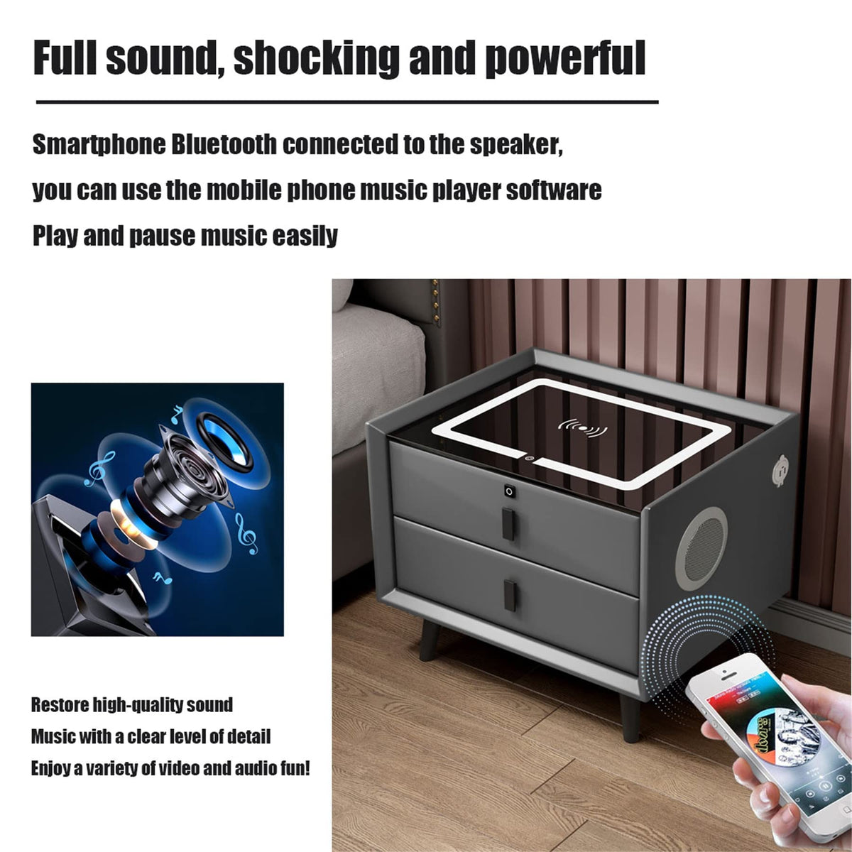 White 3 Drawer Nightstand with Wireless Charging and LED Lights O491835