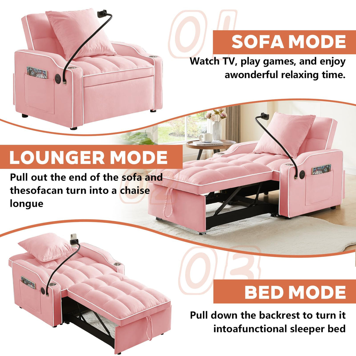 Pink Velvet Convertible Sleeper Chair I722
