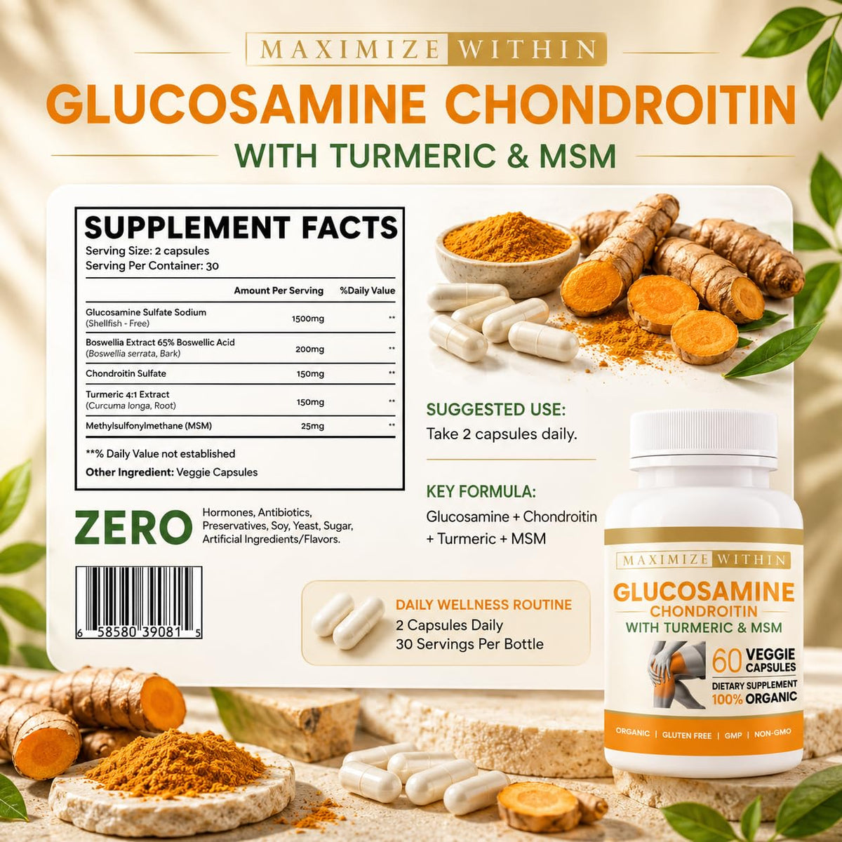 Glucosamine Chondroitin Turmeric MSM 60 Veggie Capsules Q638