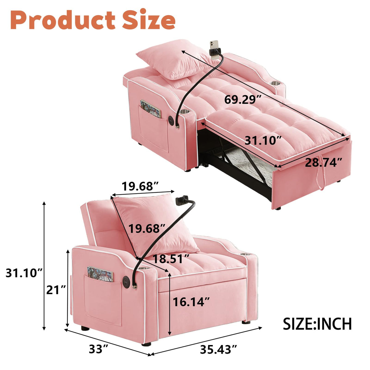 Pink Velvet Convertible Sleeper Chair I722
