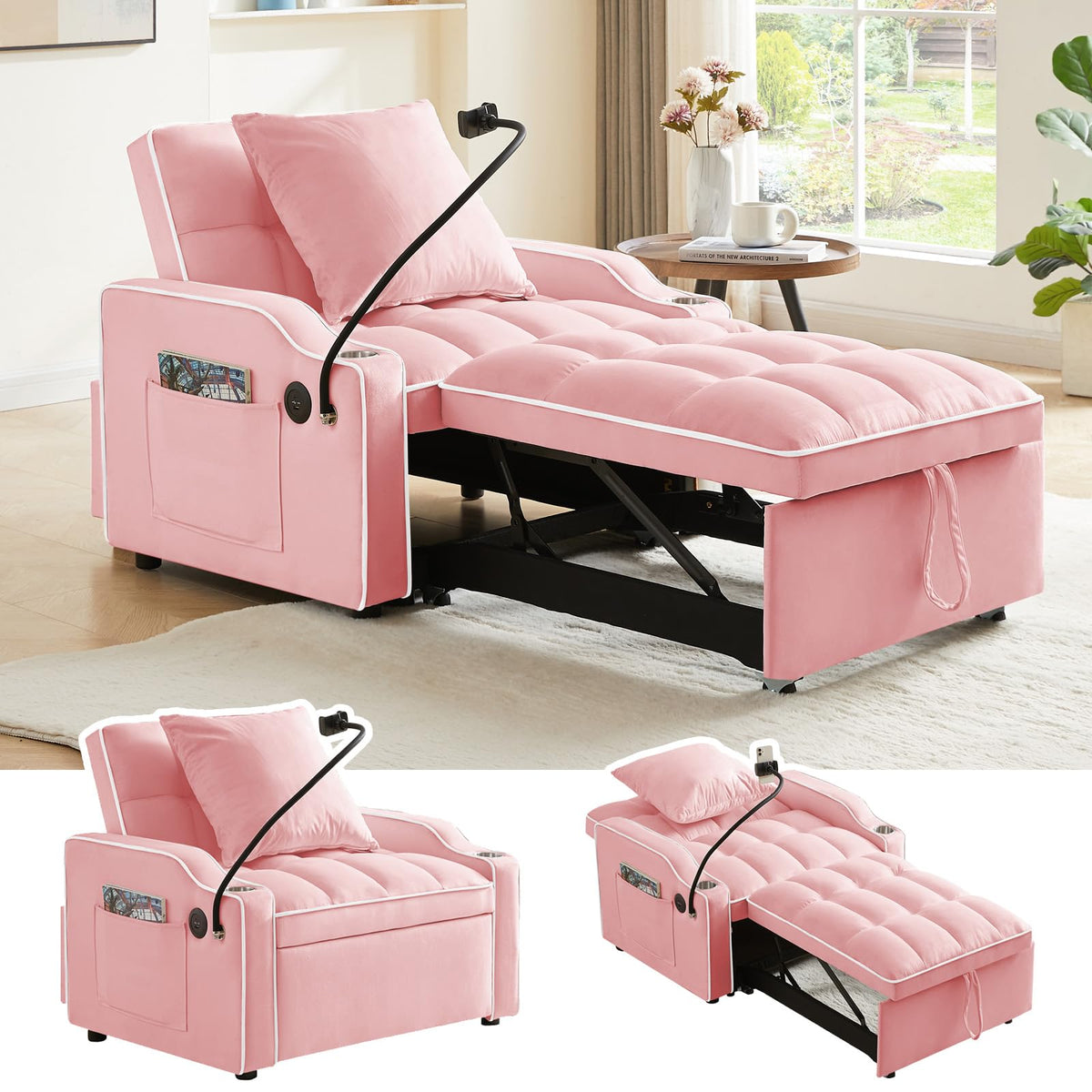 Pink Velvet Convertible Sleeper Chair I722