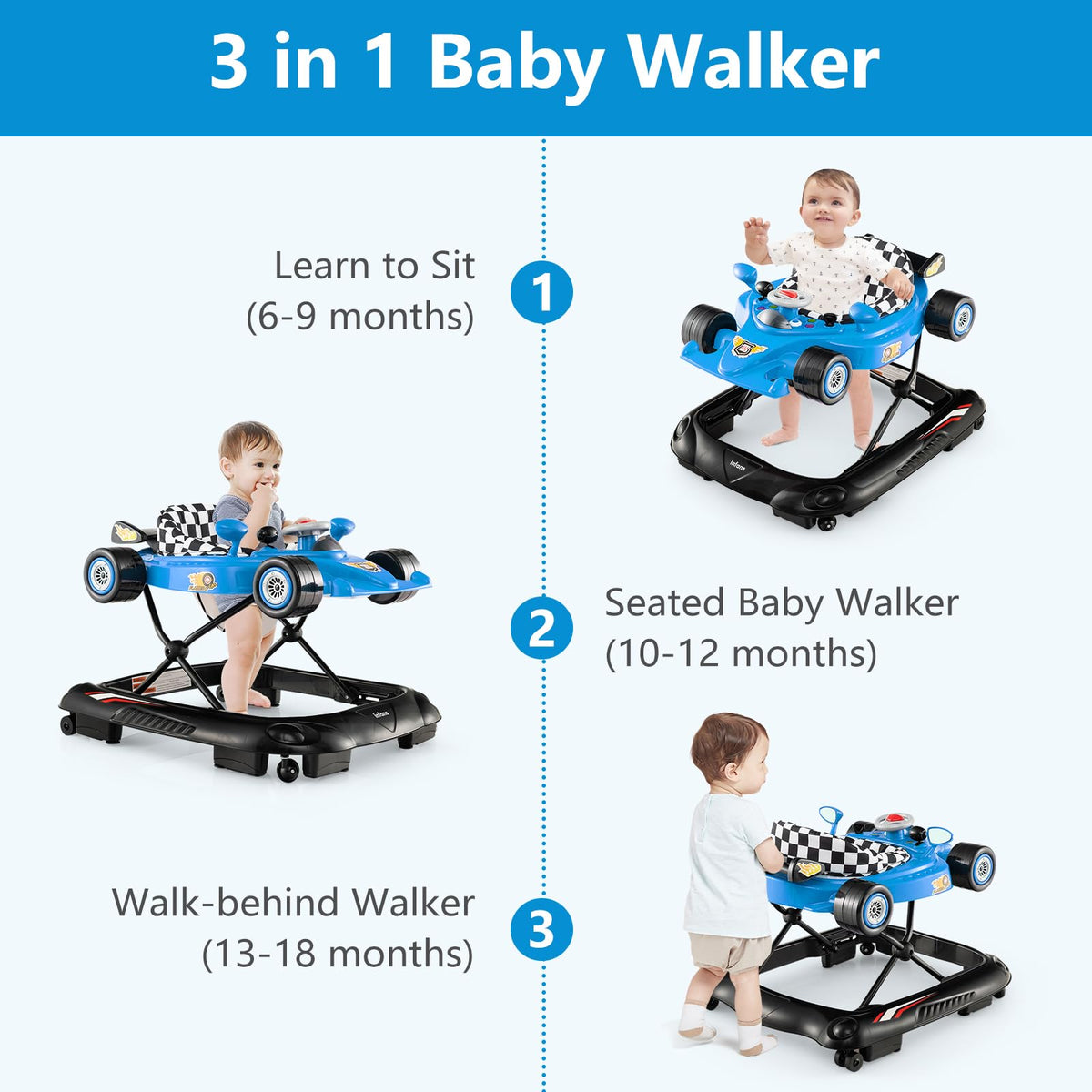 Foldable Baby Walker 3 in 1 Adjustable Height with Lights Music Blue B390025