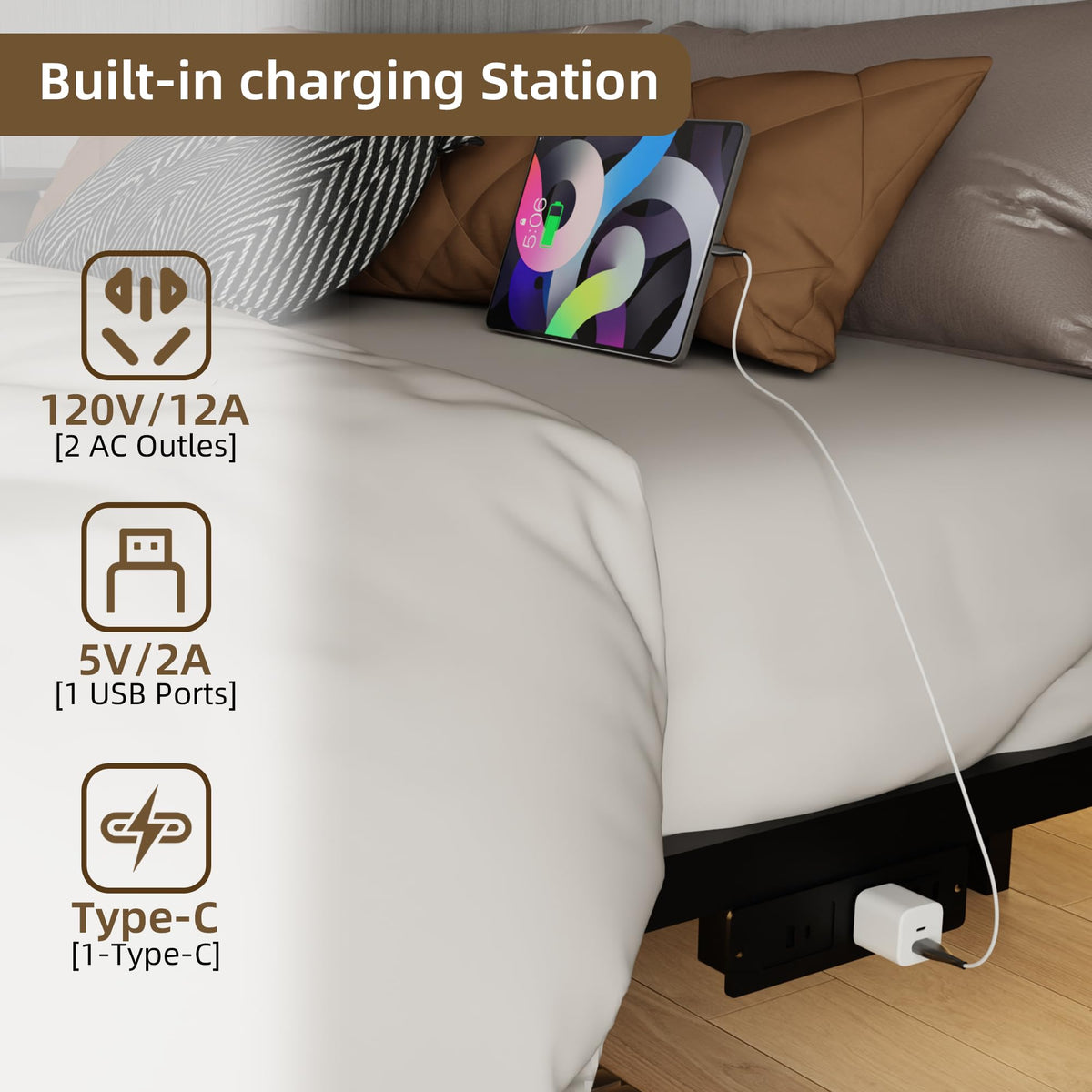 King Size Metal Platform Bed Frame with Charging Station and LED Lights D172