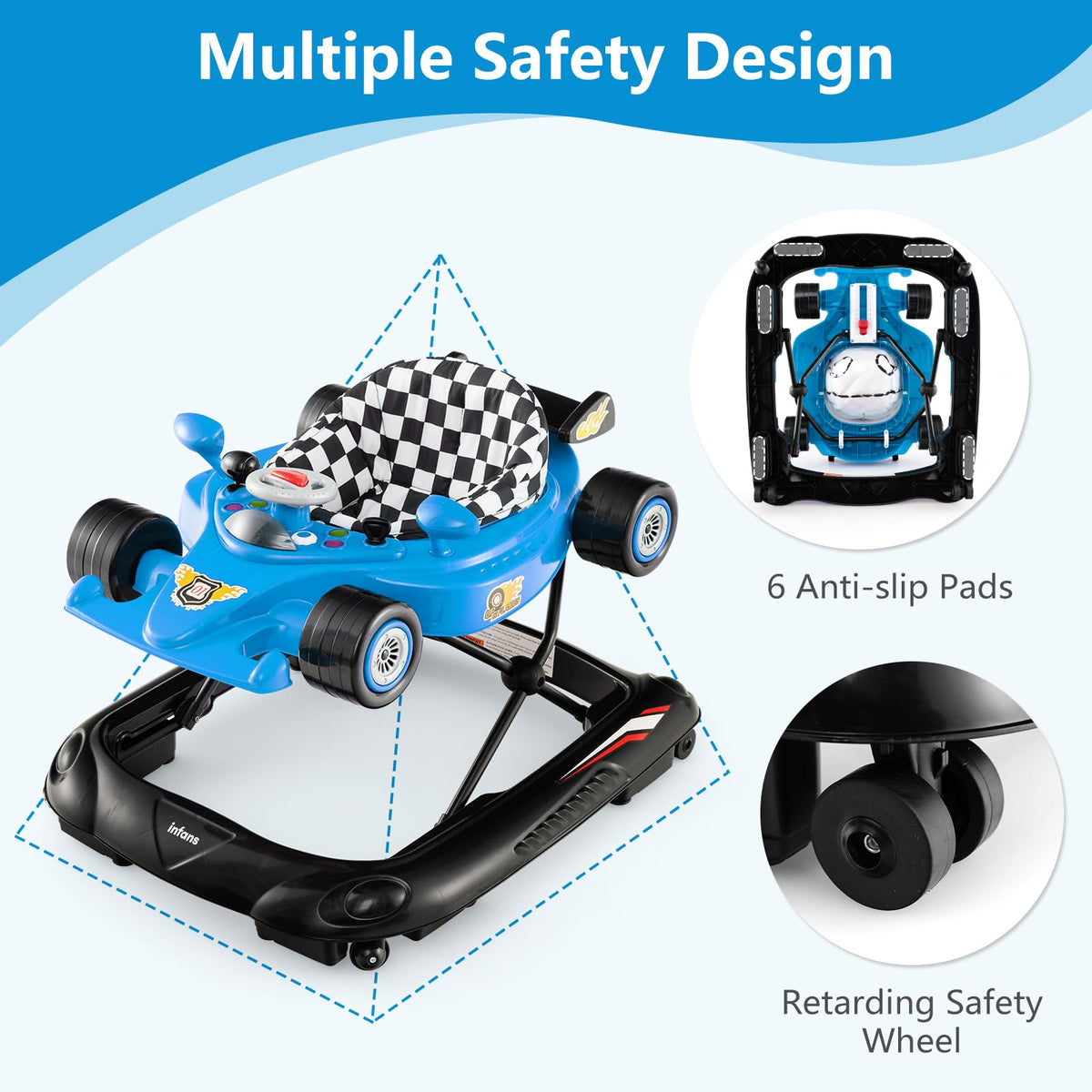 Foldable Baby Walker 3 in 1 Adjustable Height with Lights Music Blue B390025