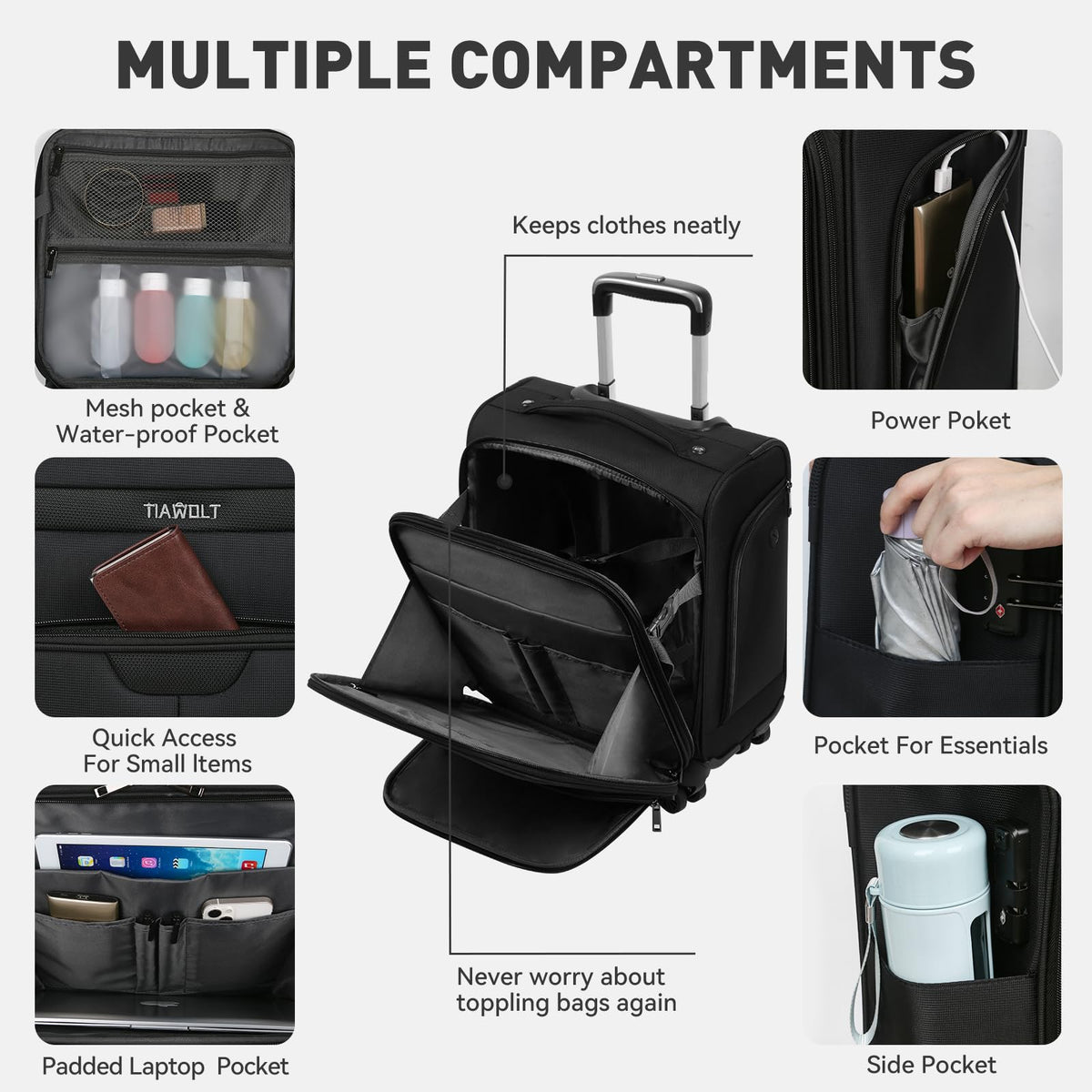 16 Inch Underseat Carry on Luggage with Wheels Black F334