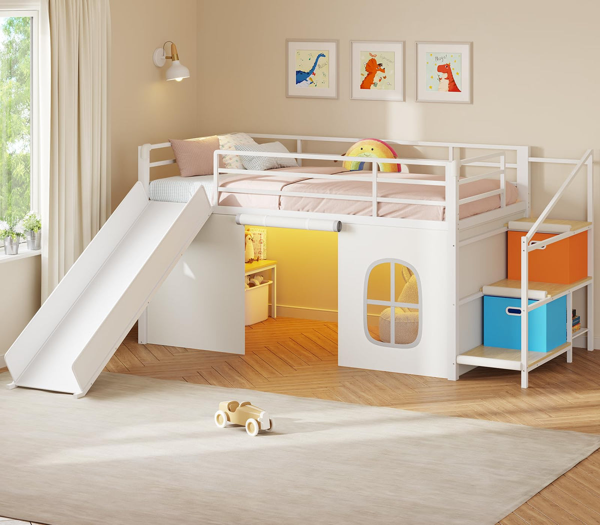 White Twin Low Loft Bed with Slide Staircase Storage Drawers Desk F859309
