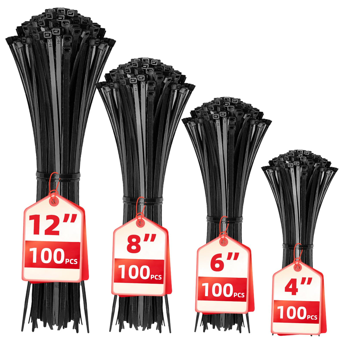 Black Assorted Sizes Nylon Cable Zip Ties 400 Pack Q445007