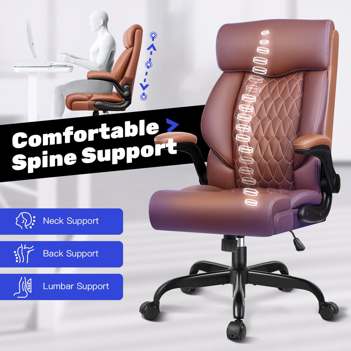 High Back Ergonomic Leather Office Chair with Flip-Up Armrests D1304