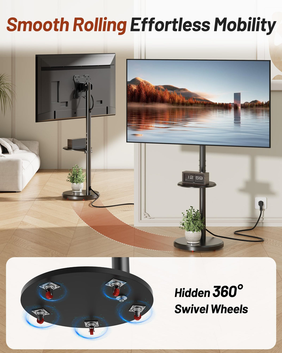 Rolling TV Stand with Shelf and Hidden Wheels G4913