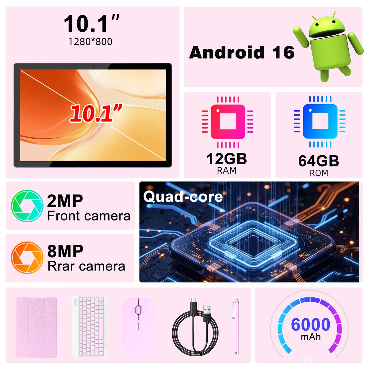 Android 16 10 Inch Tablet 12GB RAM 64GB ROM Pink Q737533