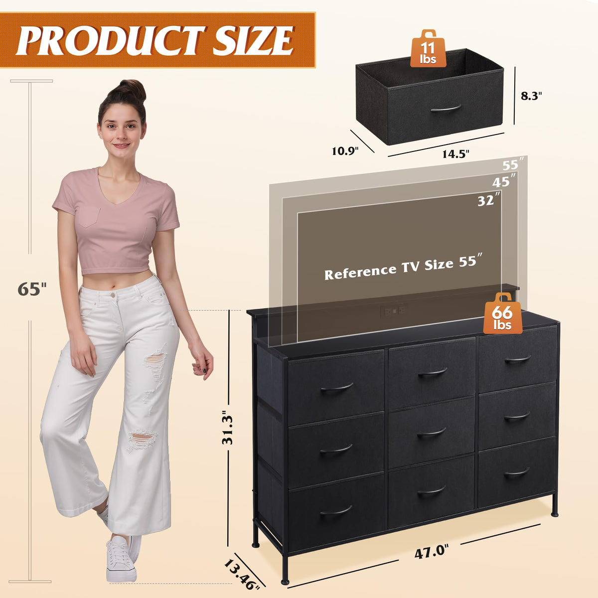 Black 9 Drawer Fabric Dresser V3882