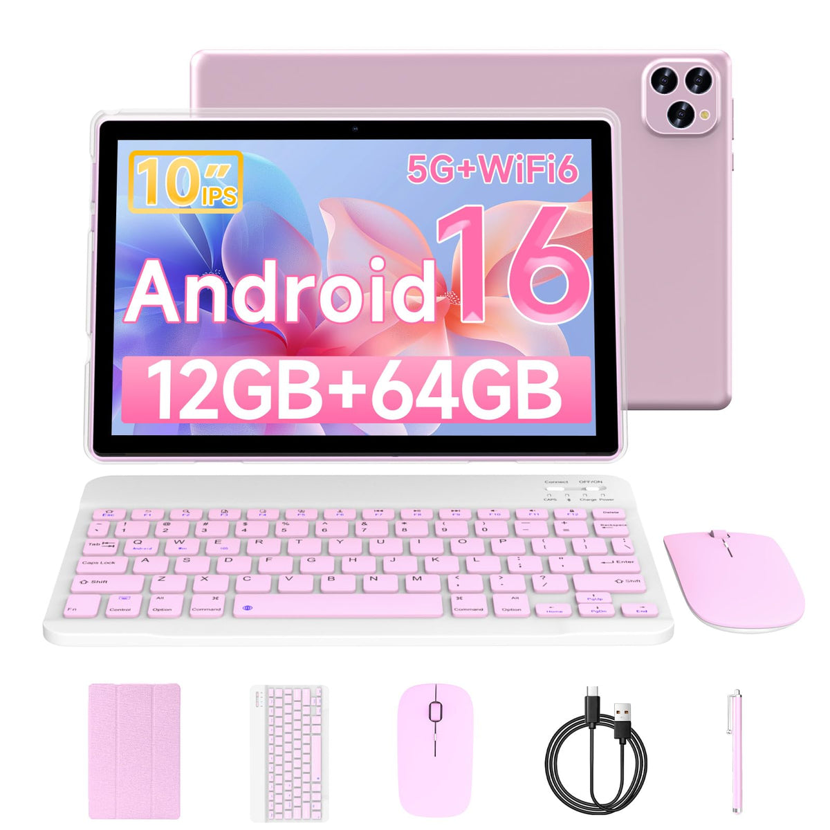Android 16 10 Inch Tablet 12GB RAM 64GB ROM Pink Q737533