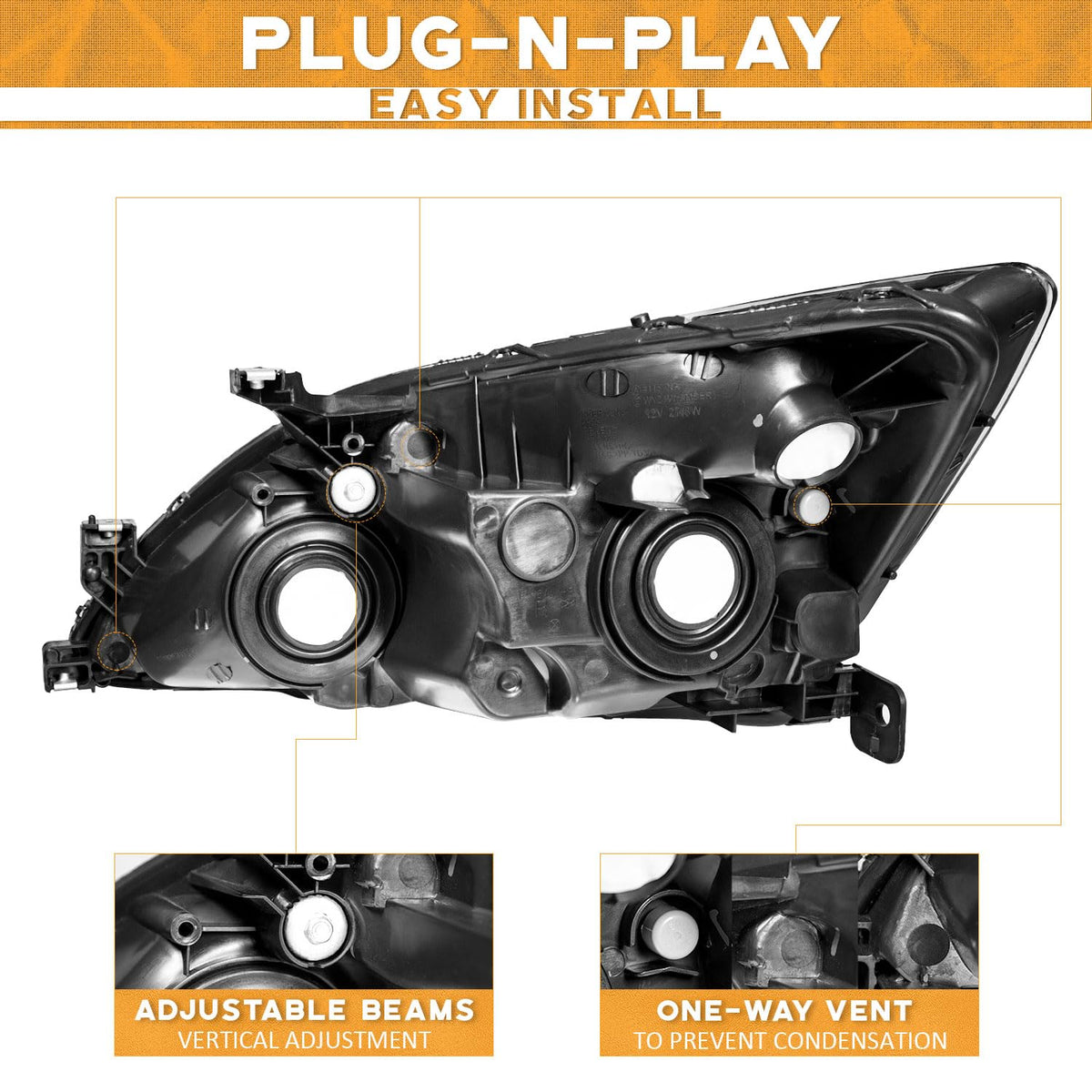 Headlights for 2003-2007 Honda Accord Chrome Housing Amber Reflector Left+Right C483