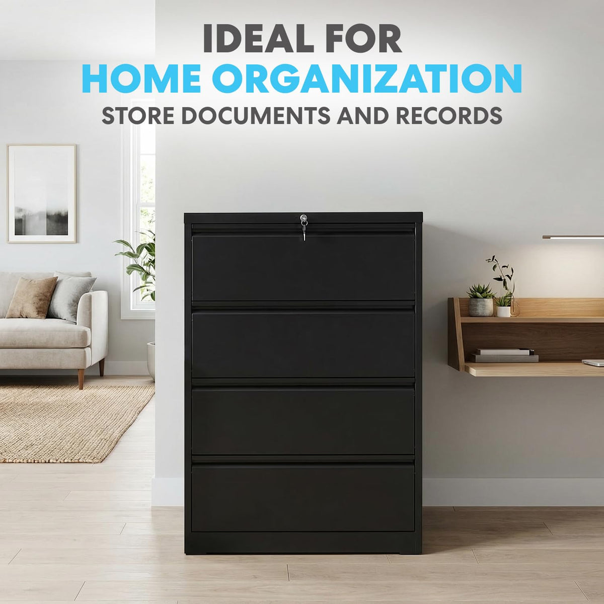 4 Drawer Black Metal File Cabinet with Lock L52814