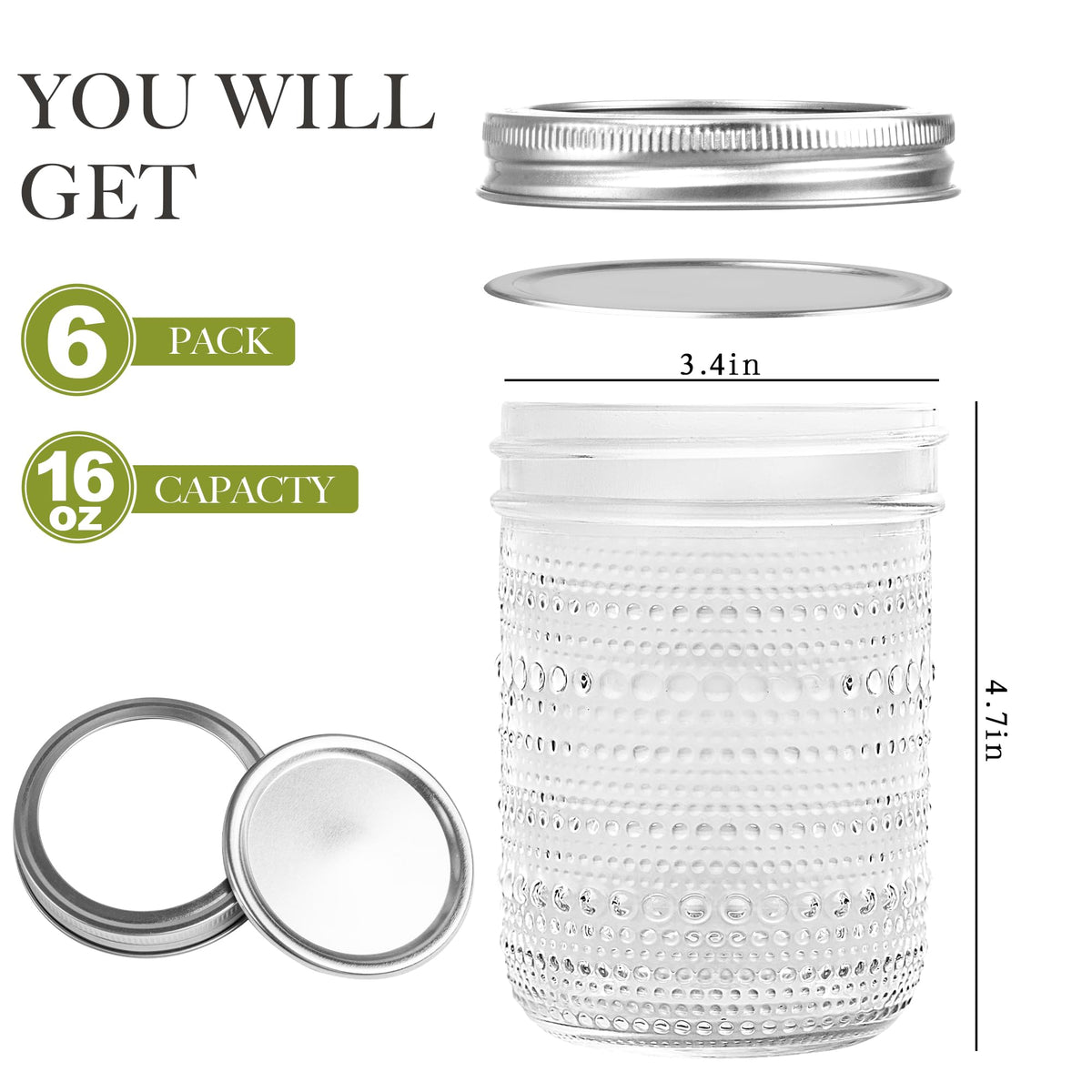16 Oz Wide Mouth Glass Mason Jars 6 Packs O759
