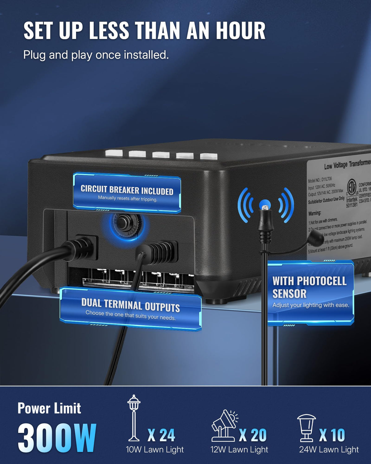 300W Low Voltage Landscape Transformer with Timer and Photocell Sensor U932736