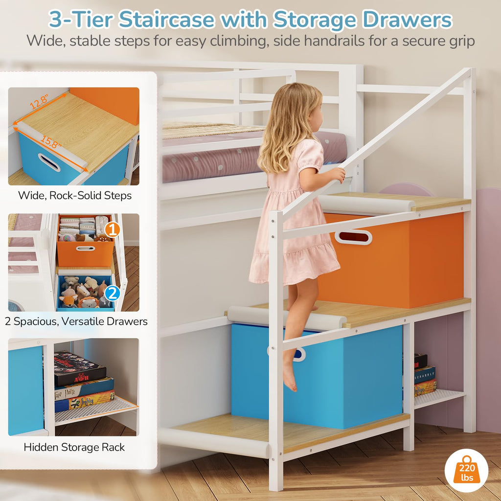White Twin Low Loft Bed with Slide Staircase Storage Drawers Desk F859309