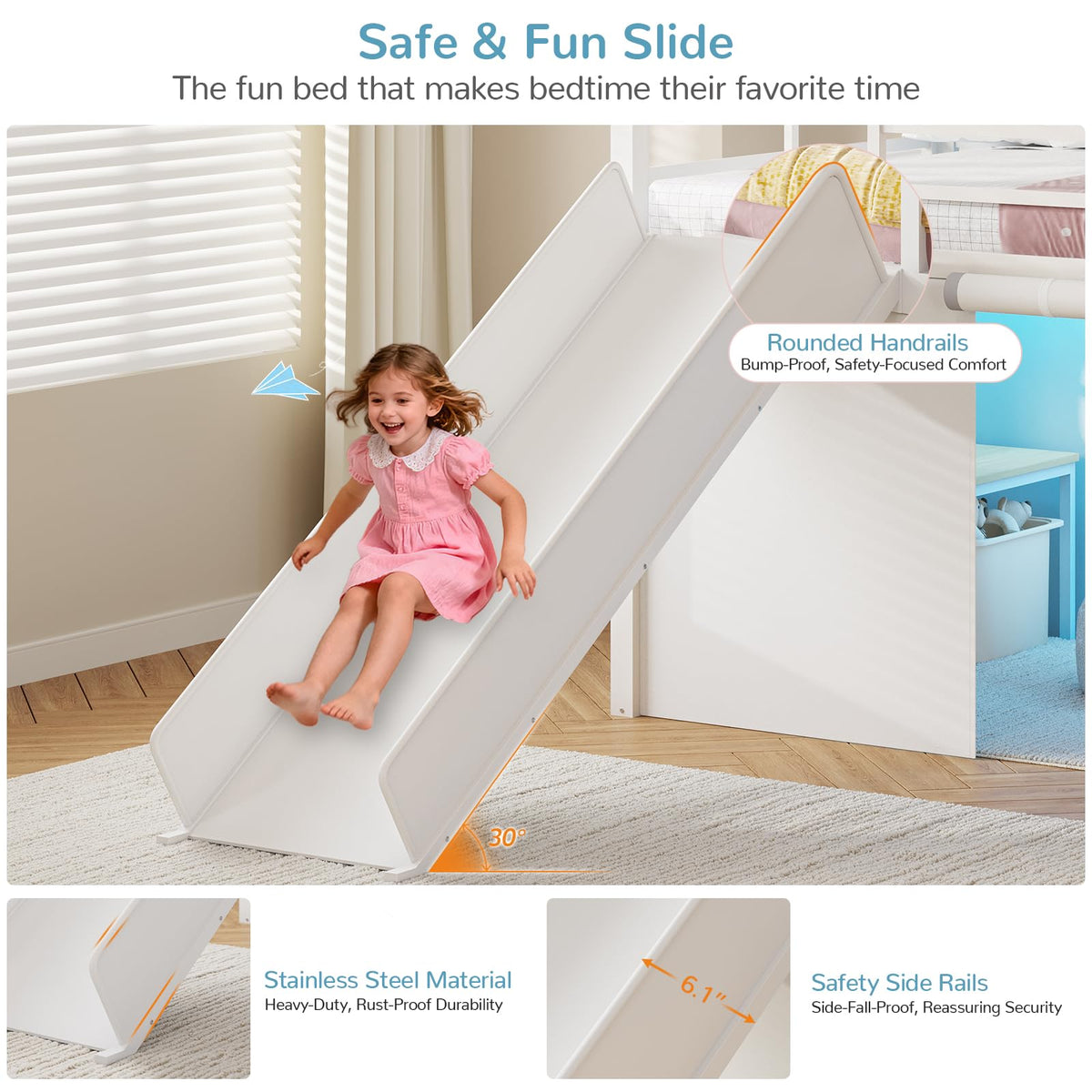 White Twin Low Loft Bed with Slide Staircase Storage Drawers Desk F859309