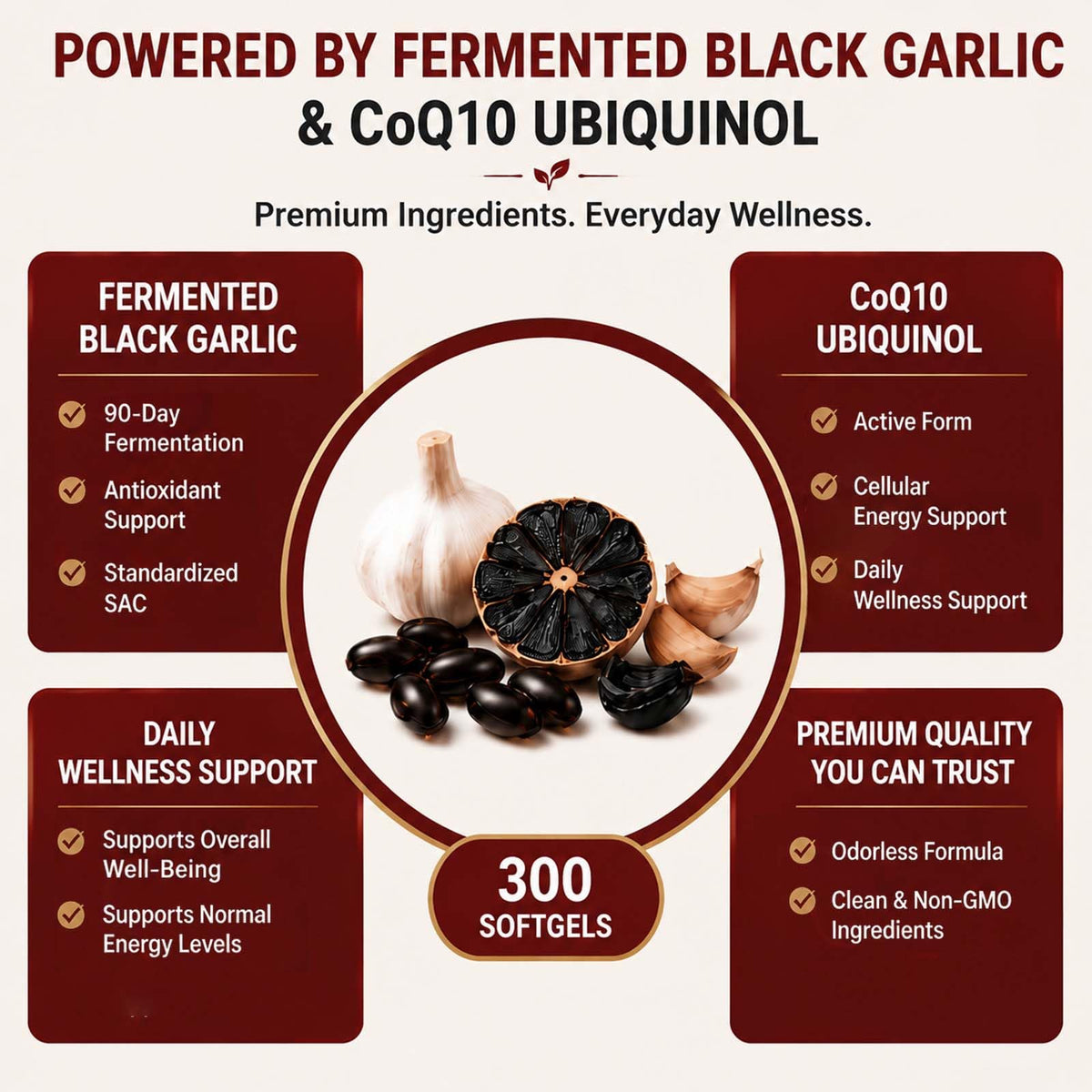 Black Fermented Black Garlic CoQ10 Ubiquinol Softgels V591116