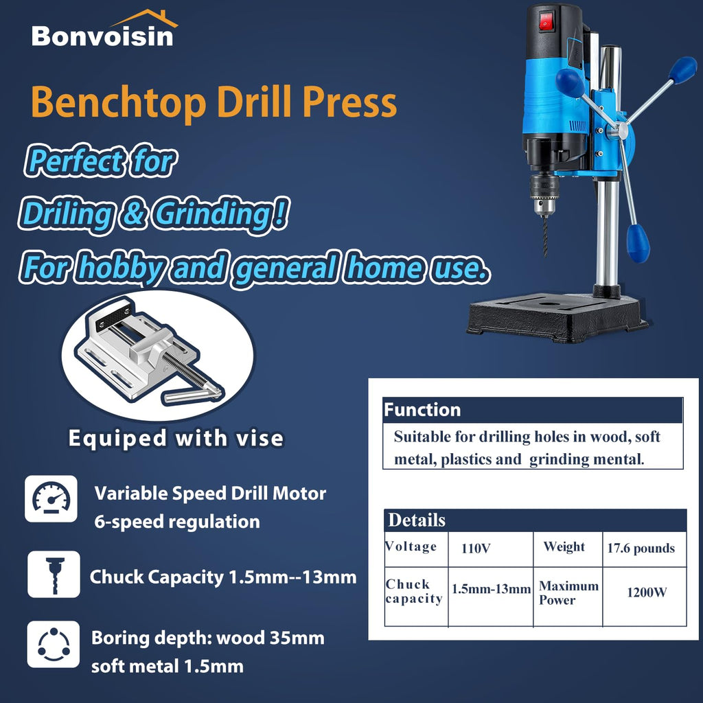 Mini Benchtop Drill Press 6 Variable Speed 1200W D1494