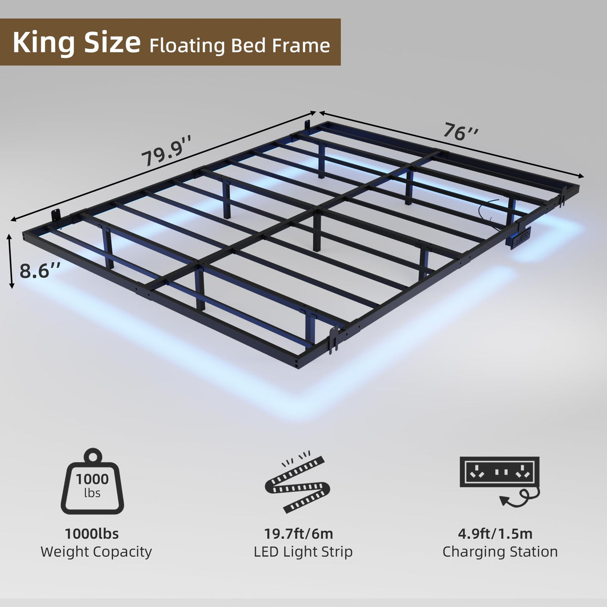 King Size Metal Platform Bed Frame with Charging Station and LED Lights D172