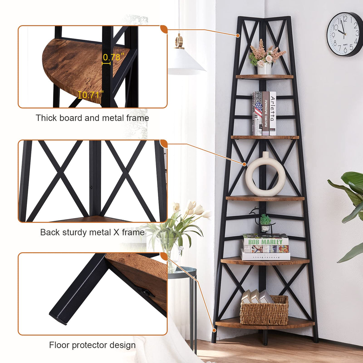 5 Tier 72 Inch Tall Corner Bookshelf A9860
