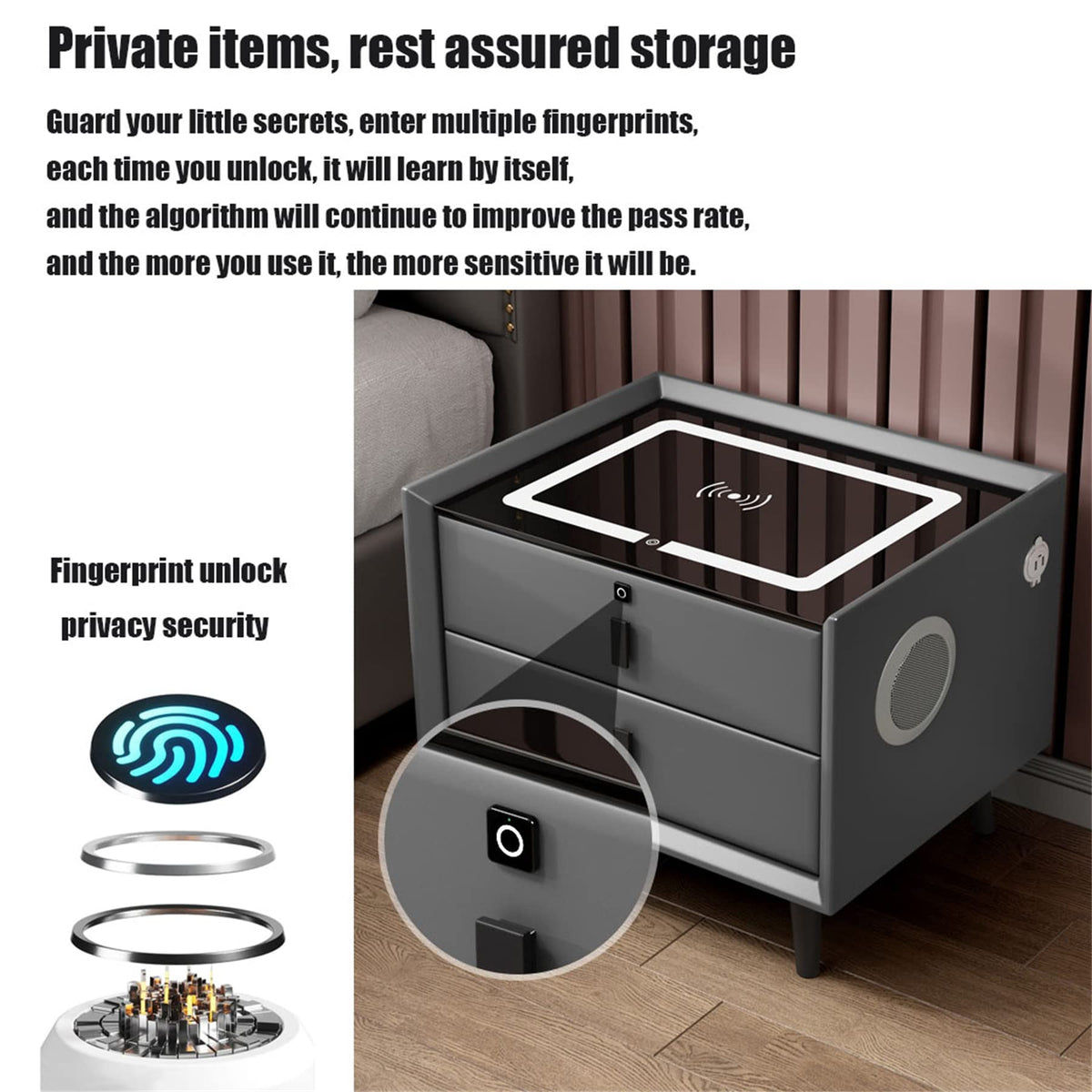 White 3 Drawer Nightstand with Wireless Charging and LED Lights O491835