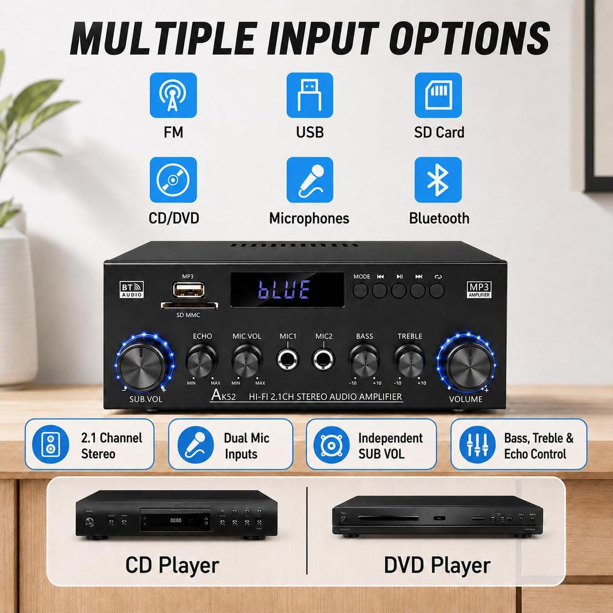 Bluetooth 5.0 2.1 Channel 400W Stereo Amplifier O71629