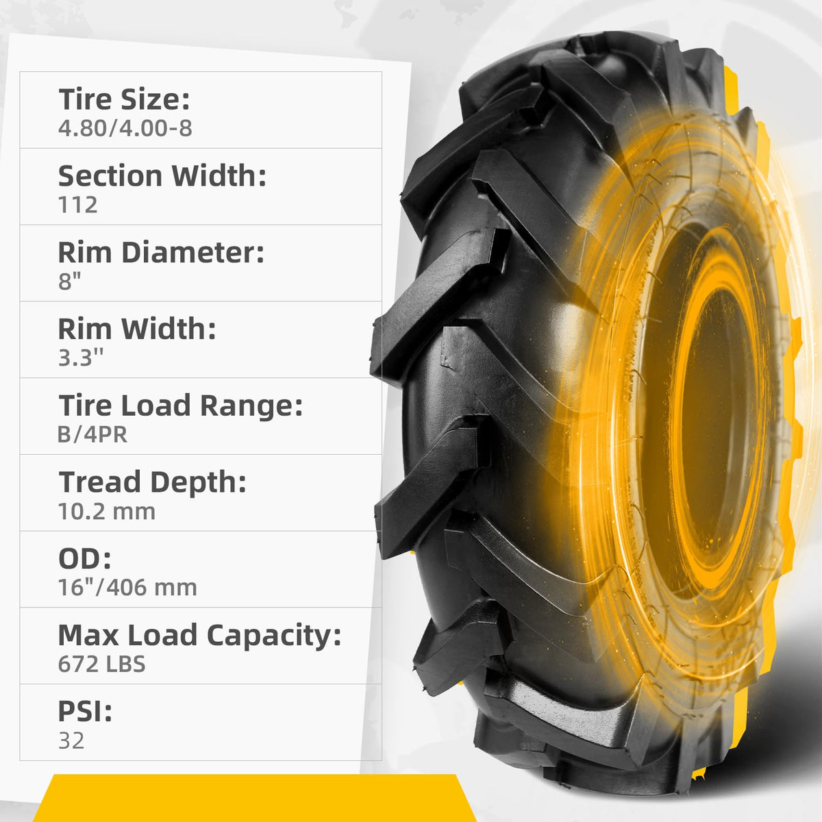 2 Pcs 4.80/4.00-8 Tubeless Tires M129318
