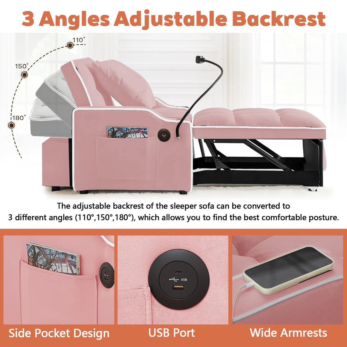 Pink Velvet Convertible Sleeper Chair I722
