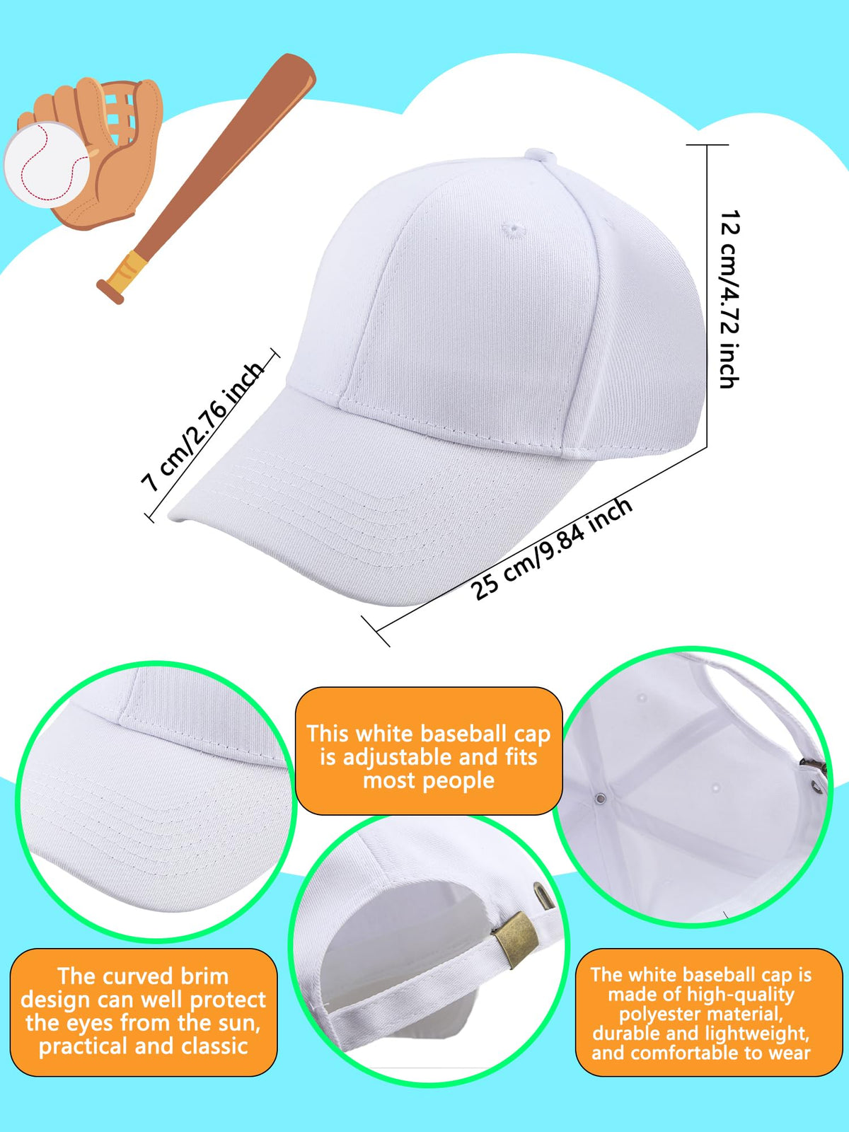 30 Pcs White Cotton Kids Baseball Cap Z146