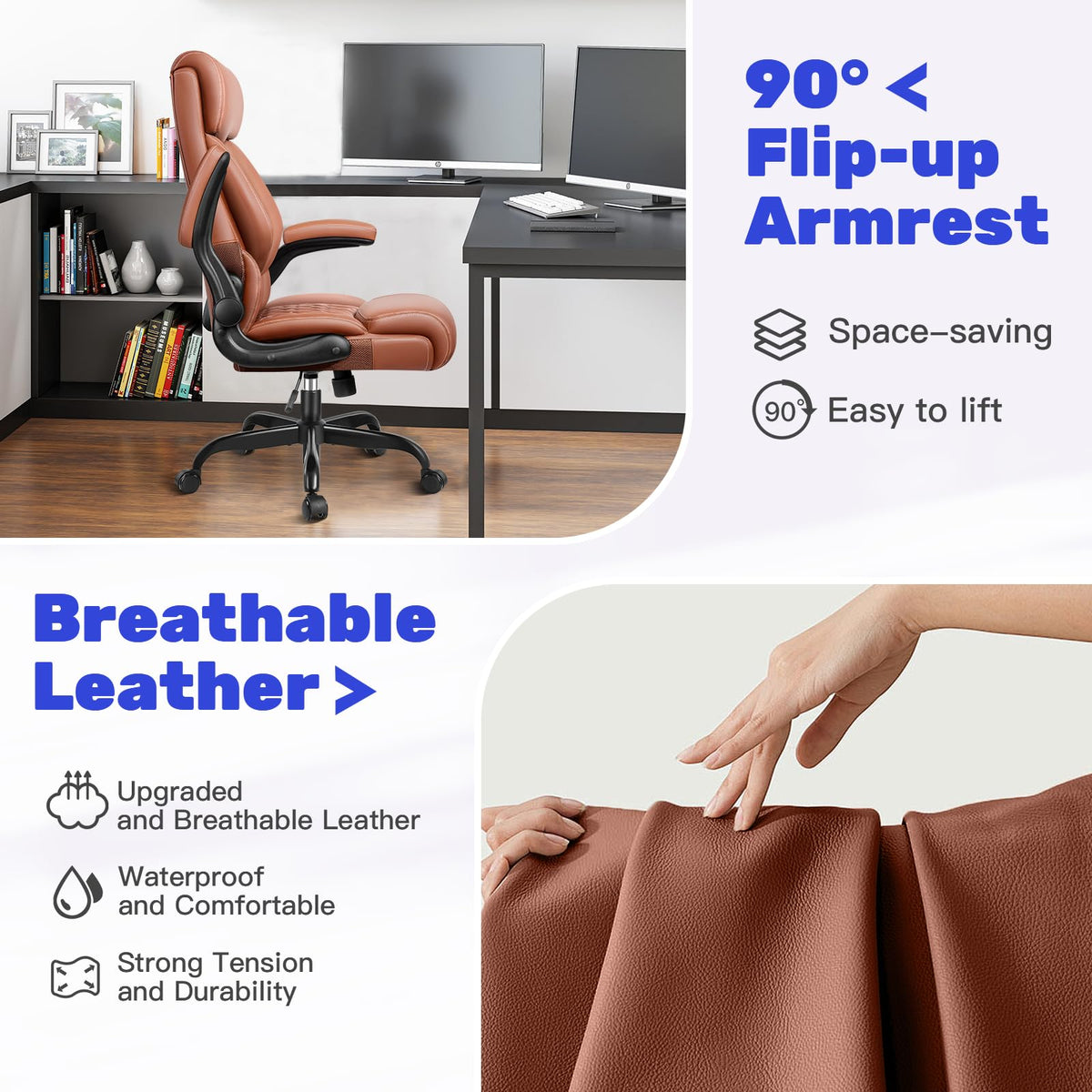 High Back Ergonomic Leather Office Chair with Flip-Up Armrests D1304
