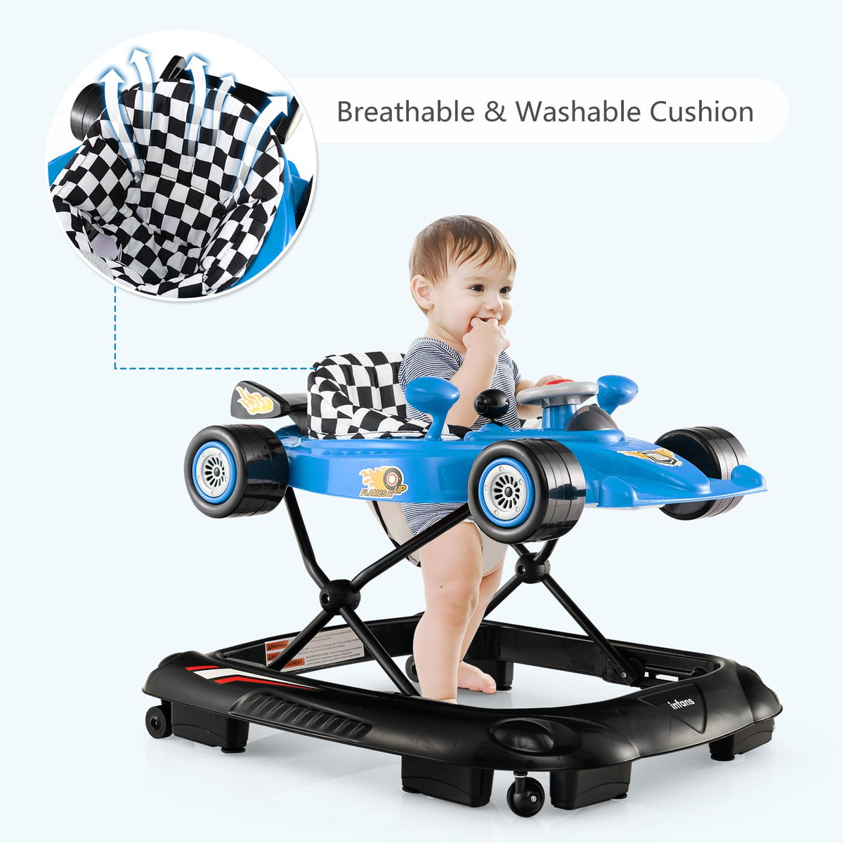 Foldable Baby Walker 3 in 1 Adjustable Height with Lights Music Blue B390025