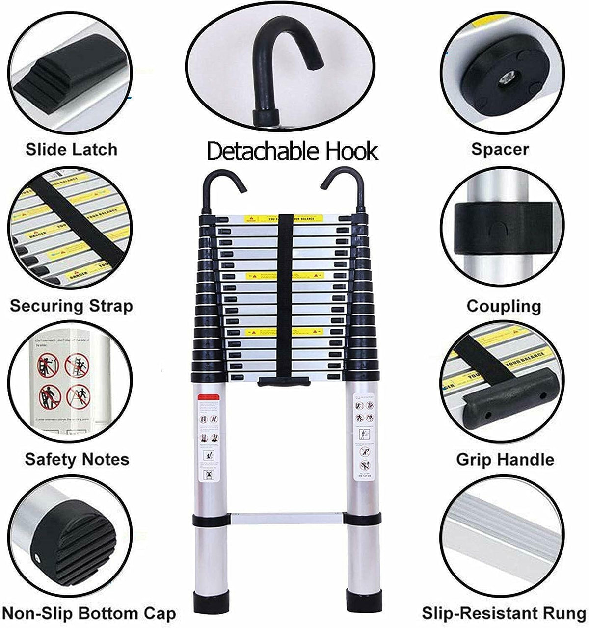 20FT Aluminum Telescoping Ladder with 2 Detachable Hooks, 330 lb Capacity L40048